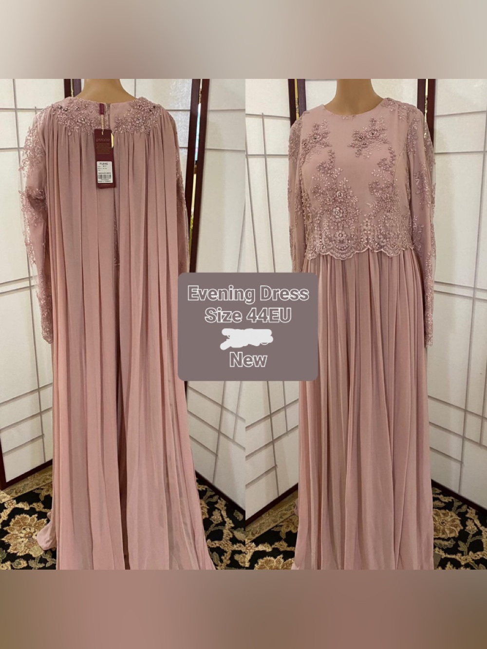 Blush Pink Long-Sleeve Evening Gown with Beaded Bodice